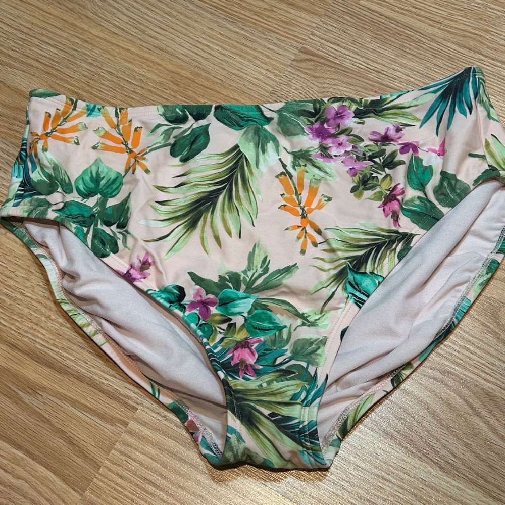 Kona Sol Womens Tropical Floral High Waisted Bikini Bottom Pink Green Large L - Picture 1 of 3